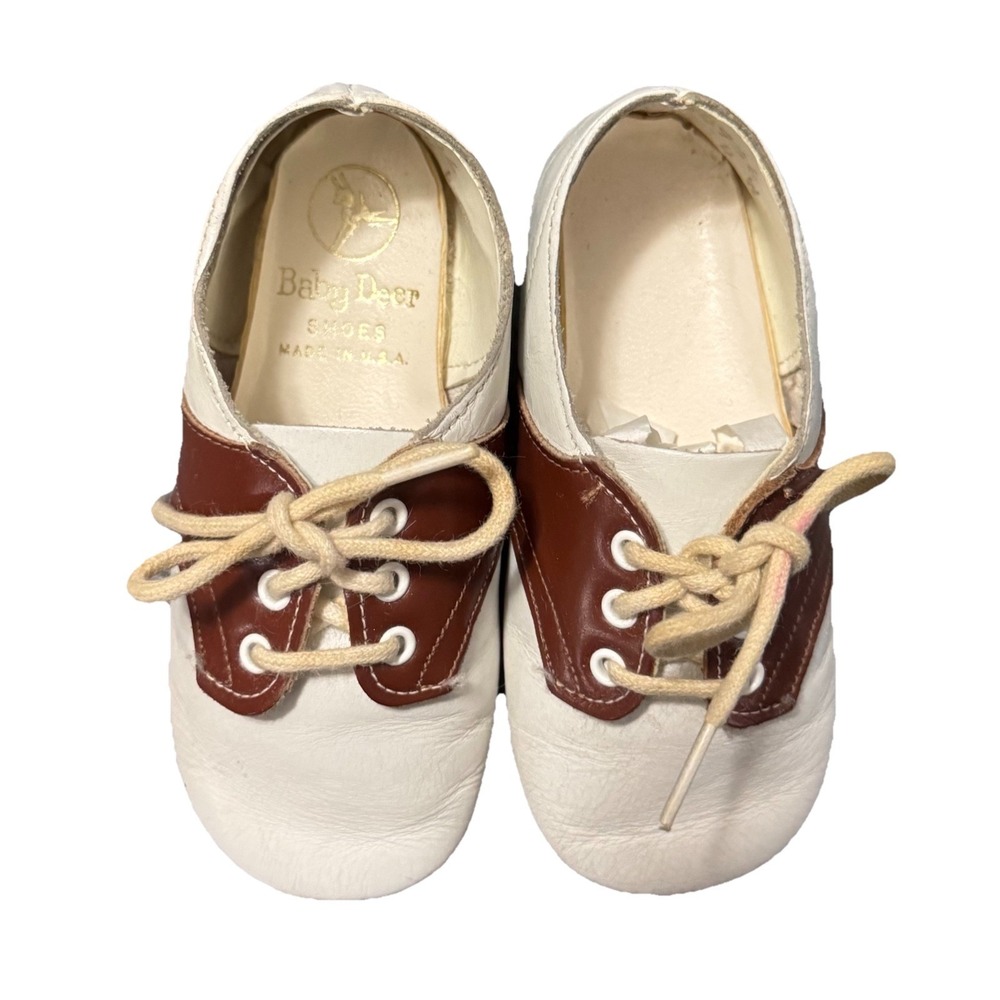 Vintage 50s Baby  Deer Baby Shoes Ideal Baby‎ Shoe Co. USA Brown/White SZ 2 BOX